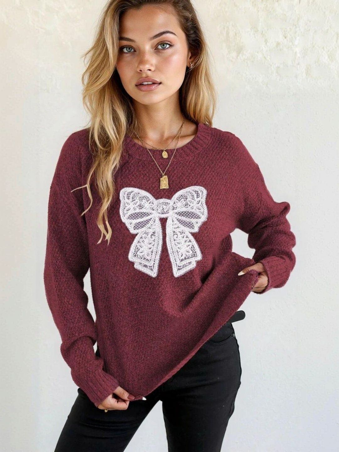 Pullover with Applique Detail in Maroon acrylic Style 681 - Nowi Korean Fashion