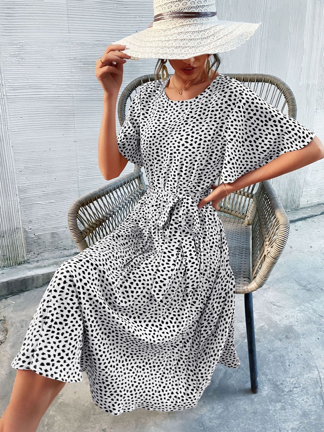 Polka Dot Print Flutter Sleeve Fit & Flare Midi Dress