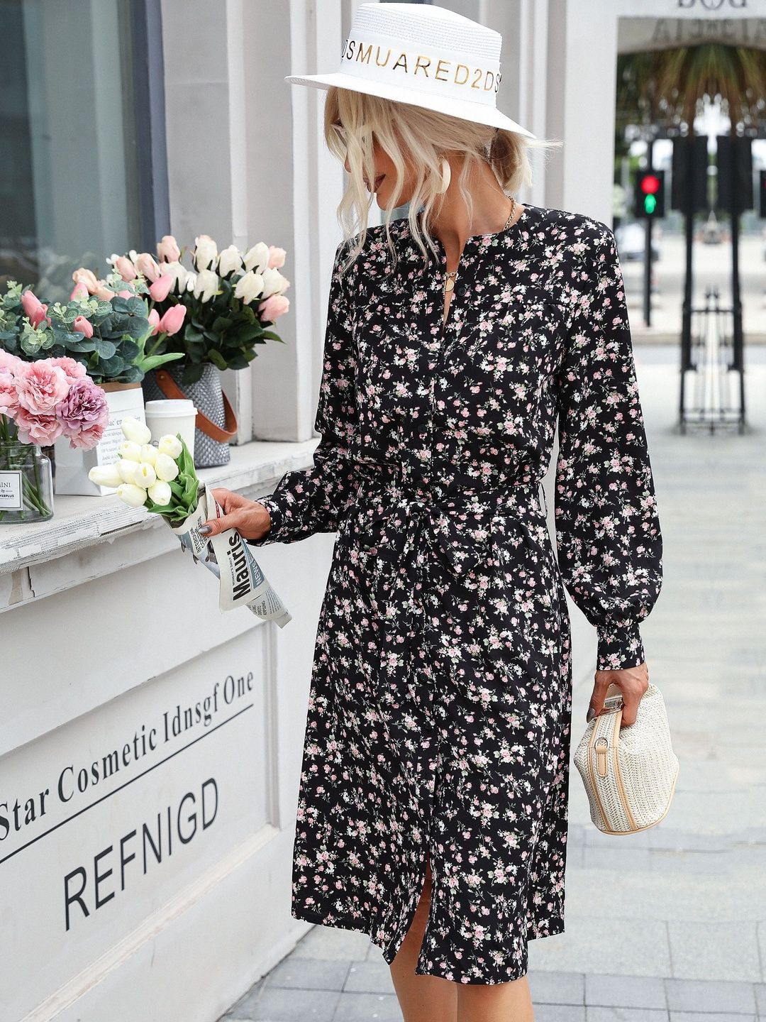 Women's Black Floral Print Shirt Midi Dress
