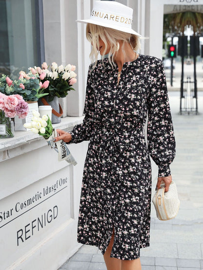 Women's Black Floral Print Shirt Midi Dress