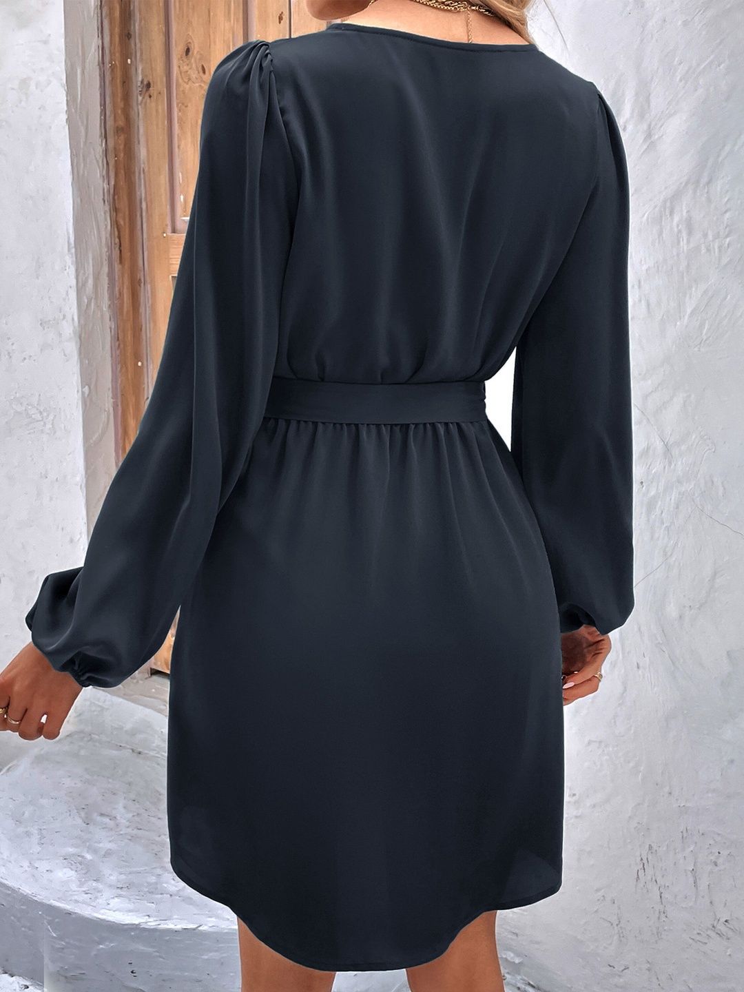 Women's Black Puff Sleeve Fit & Flare Dress Blend Printed