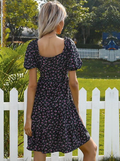 Floral Print Puff Sleeve Fit & Flare Dress