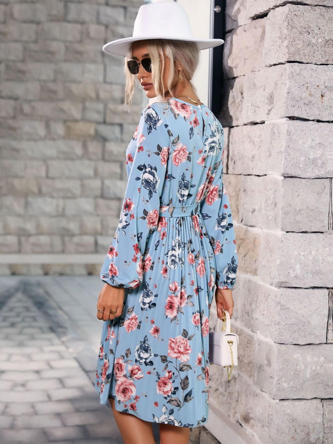 Women's Blue Floral Print Fit & Flare Midi Dress Blend