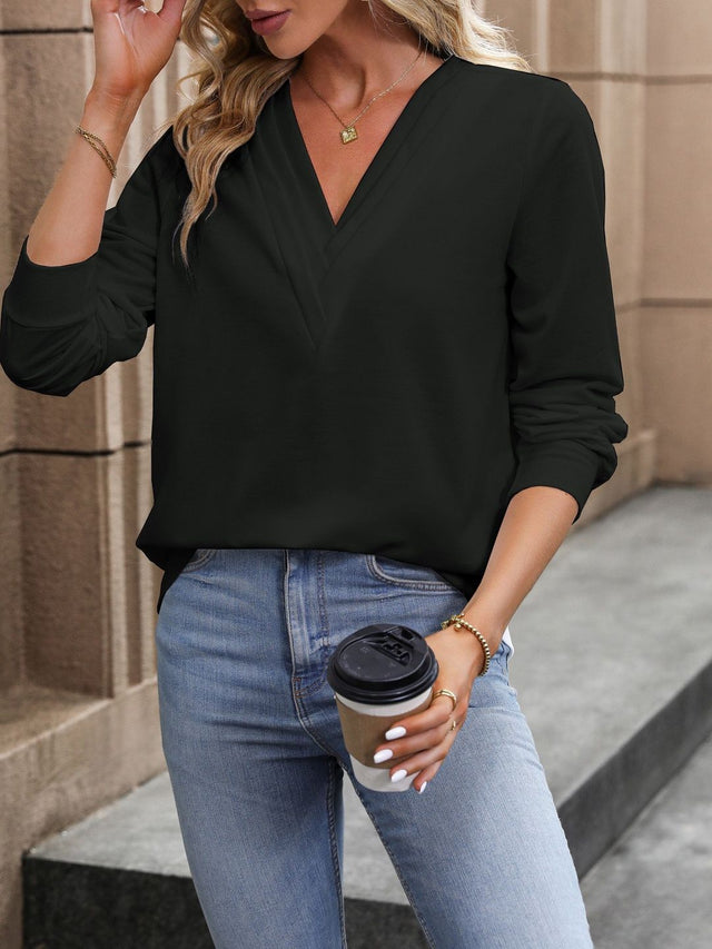 Sweatshirt in Black Cotton V-Neck - Nowi Korean Fashion