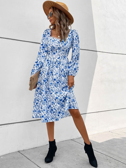 Floral Print Puff Sleeve Fit & Flare Midi Dress in White - Nowi Korean Fashion