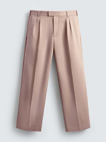 Men Pleated Trousers in pink, relaxed fit, solid pattern, stylish Korean pants for men.