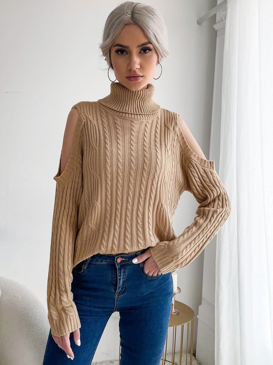 Women's Orange Nowi Women Cable Knit Pullover Printed