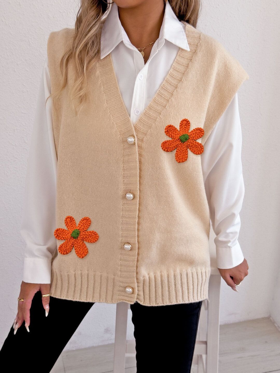 Women Sweater Vest with Applique Detail