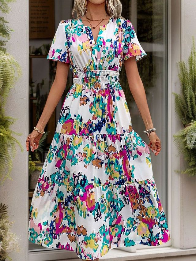 Print A-Line Midi Dress in White cotton Printed - Nowi Korean Fashion