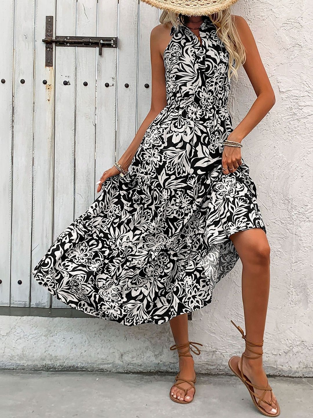 Floral Print Halter Neck A-Line Maxi Dress