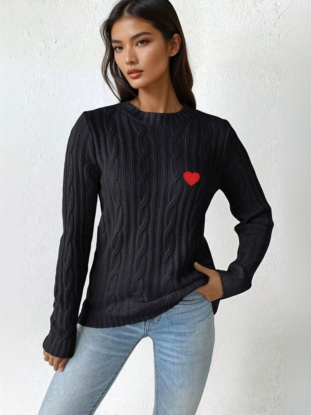 Cable Knit Pullover with Embroidered Detail in Black acrylic Style 656 - Nowi Korean Fashion