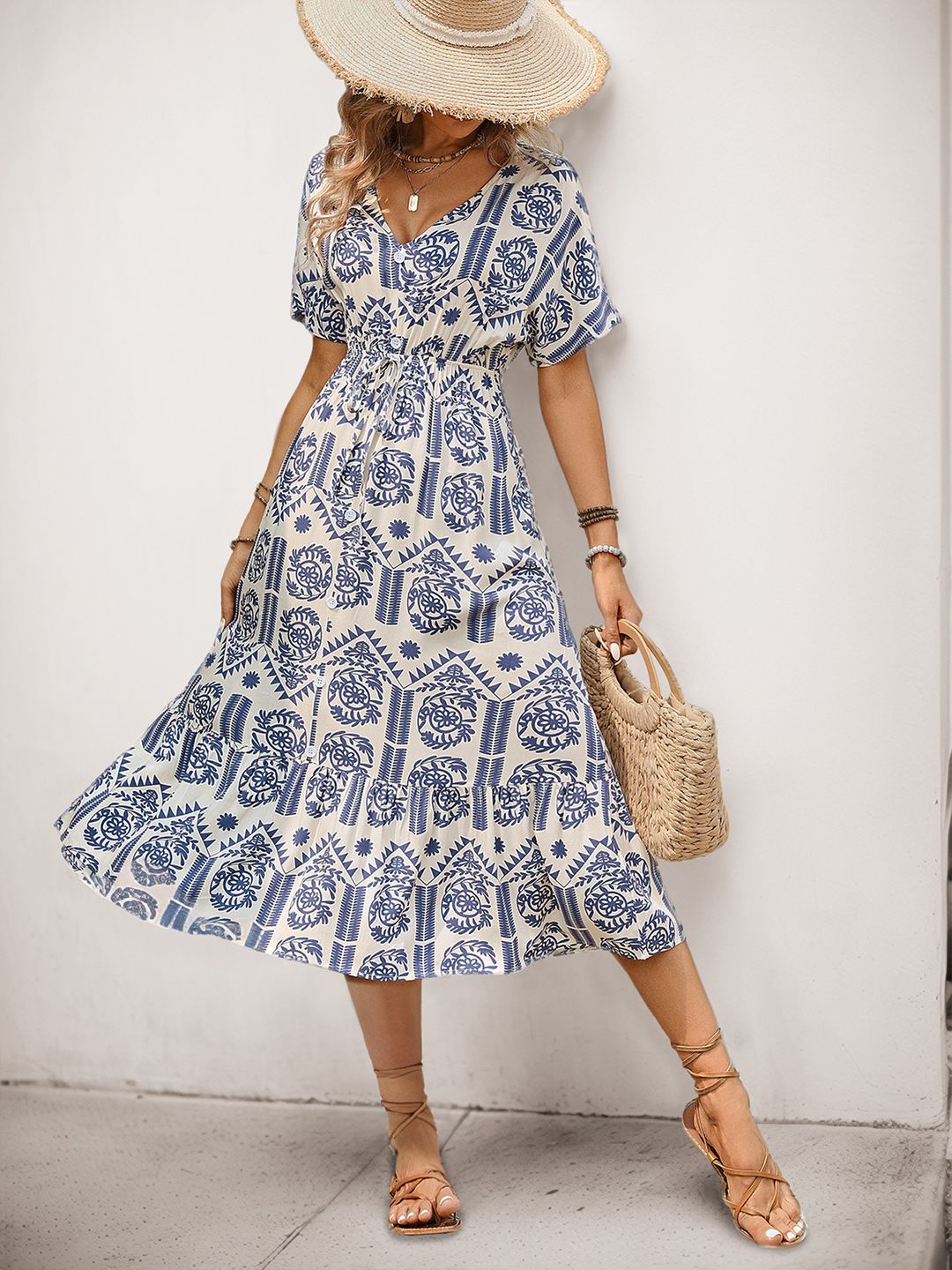 Bohemian Ethnic Print Midi Dress with Short Sleeves