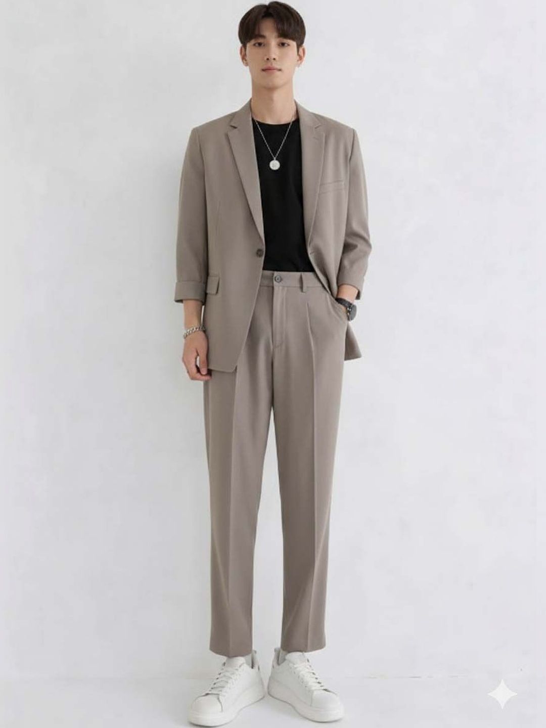 Solid Blazer with Trousers in Grey Style 790 - Nowi Korean Fashion