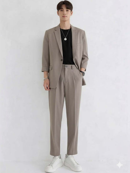 Solid Blazer with Trousers in Grey Style 790 - Nowi Korean Fashion