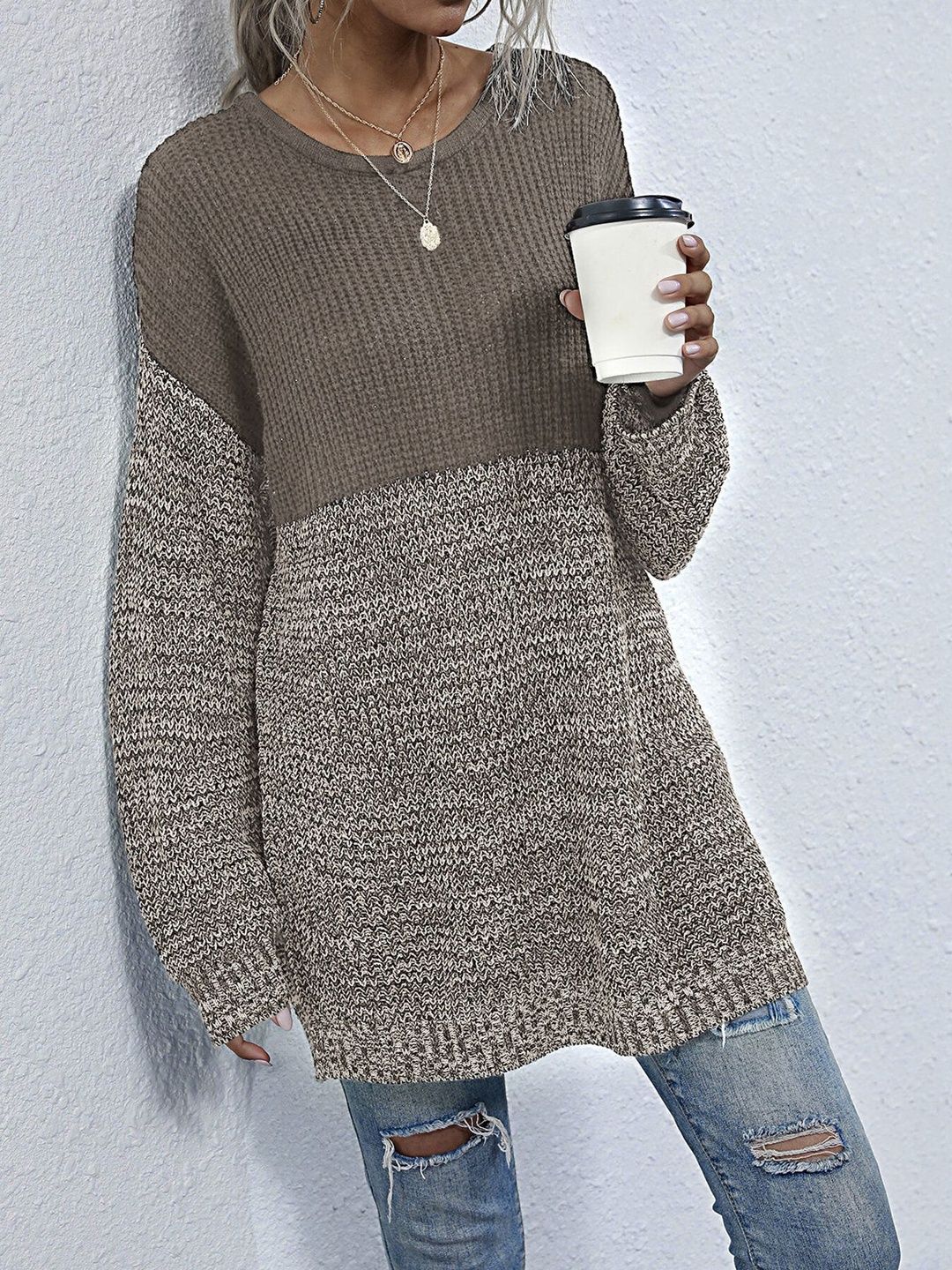 Women's Brown Colourblocked Pullover Blend Printed