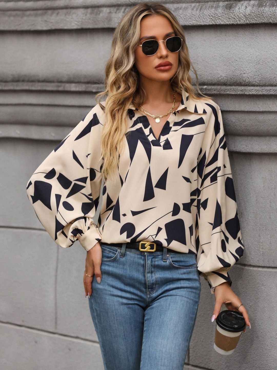 Print Bishop Sleeves Top in Beige - Nowi Korean Fashion