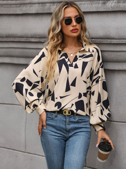 Print Bishop Sleeves Top in Beige - Nowi Korean Fashion