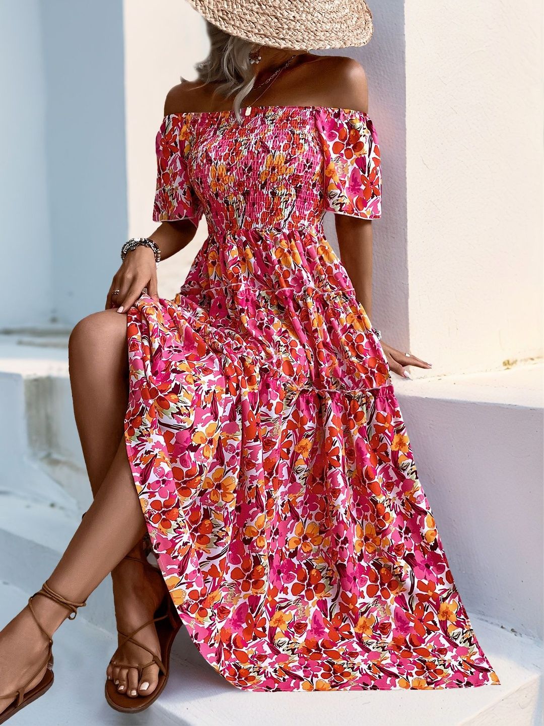 Floral Print Off-Shoulder Maxi Midi Dress