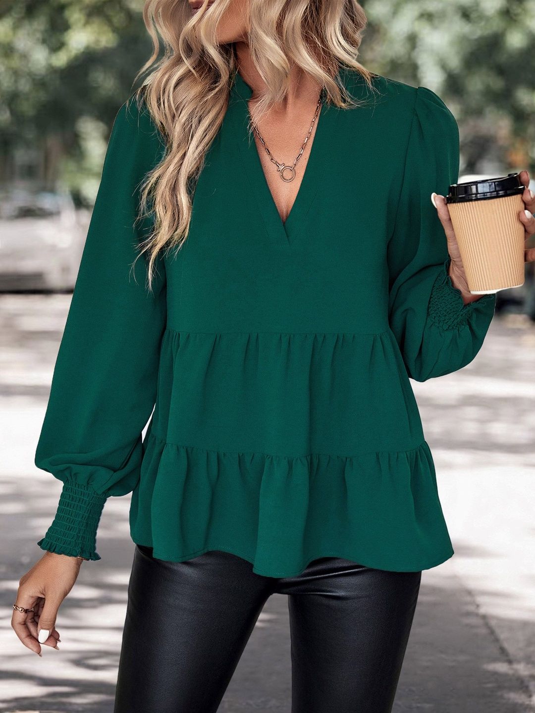 Women's Green Peplum Top Blend Printed