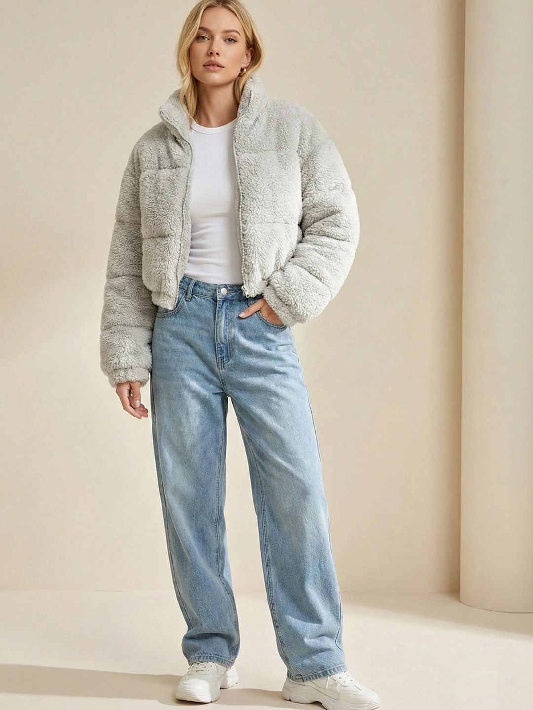 NOWI Women Woollen Crop Open Front Jacket