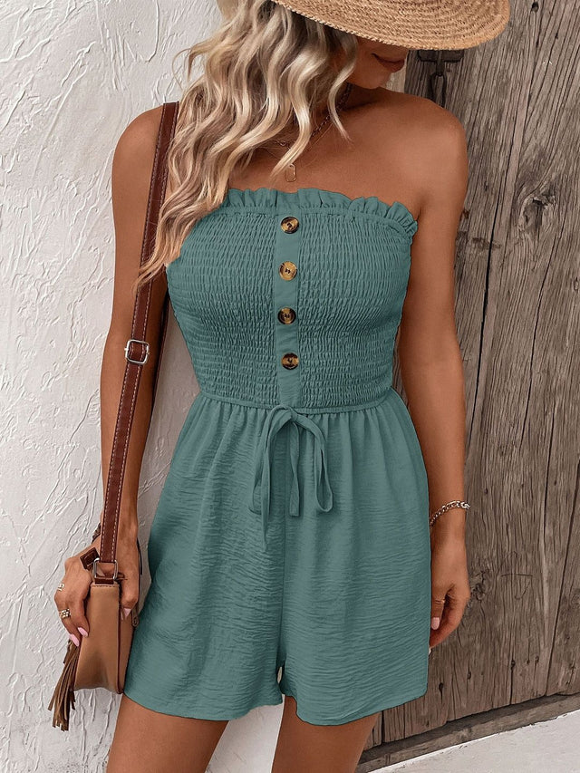 Off-Shoulder Jumpsuit in Green cotton Sleeveless - Nowi Korean Fashion
