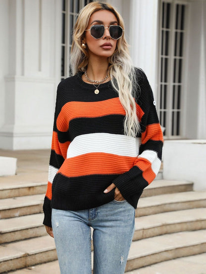 Women's Orange Striped Pullover Blend Regular Fit