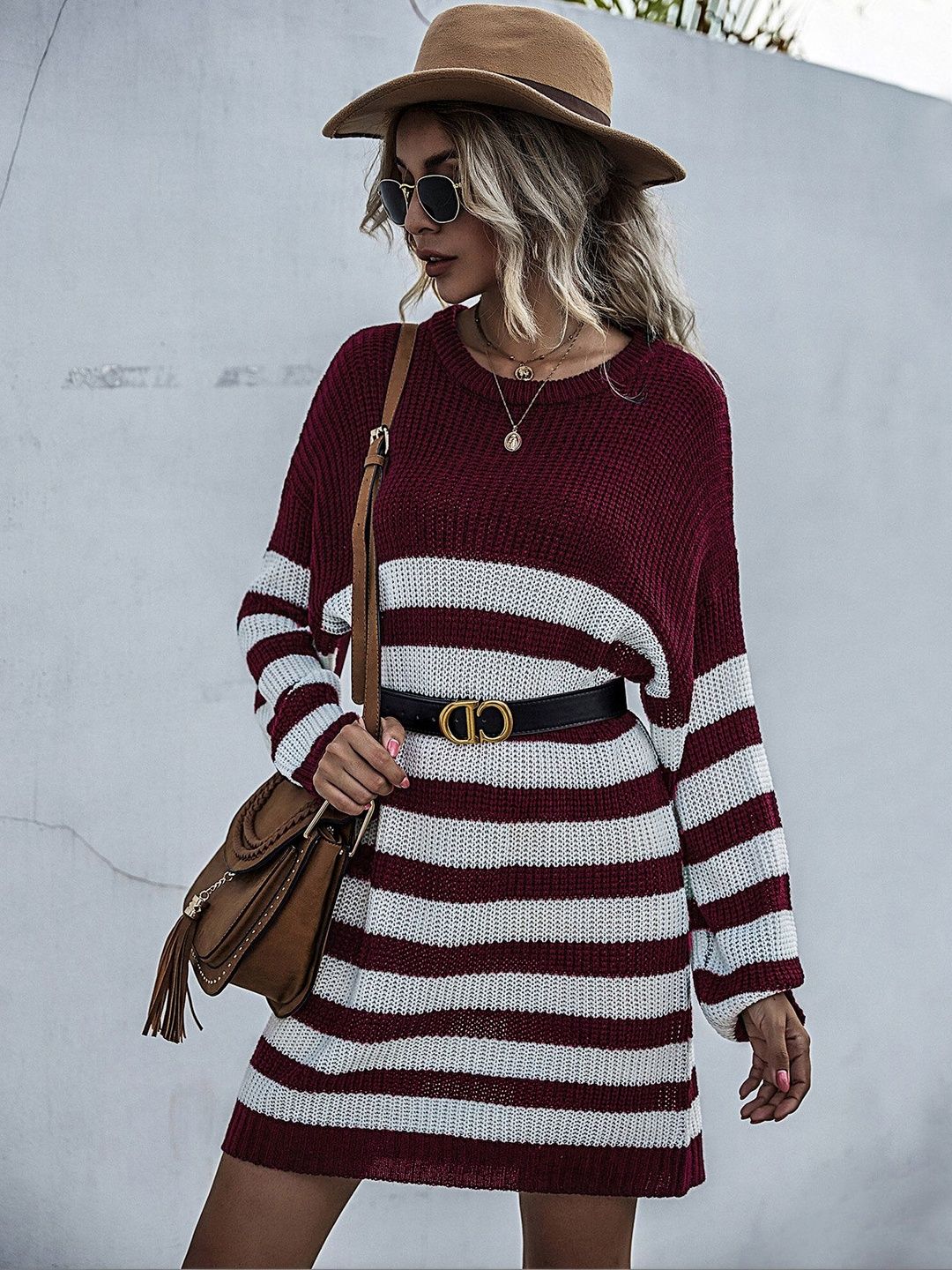 Women's Maroon Striped Pullover Blend Regular Fit