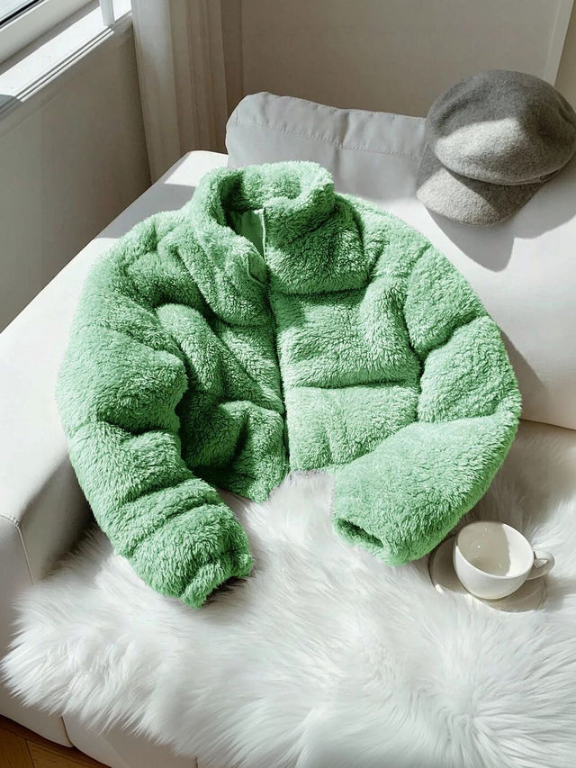 Woollen Crop Puffer Jacket in Green Style 997 - Nowi Korean Fashion