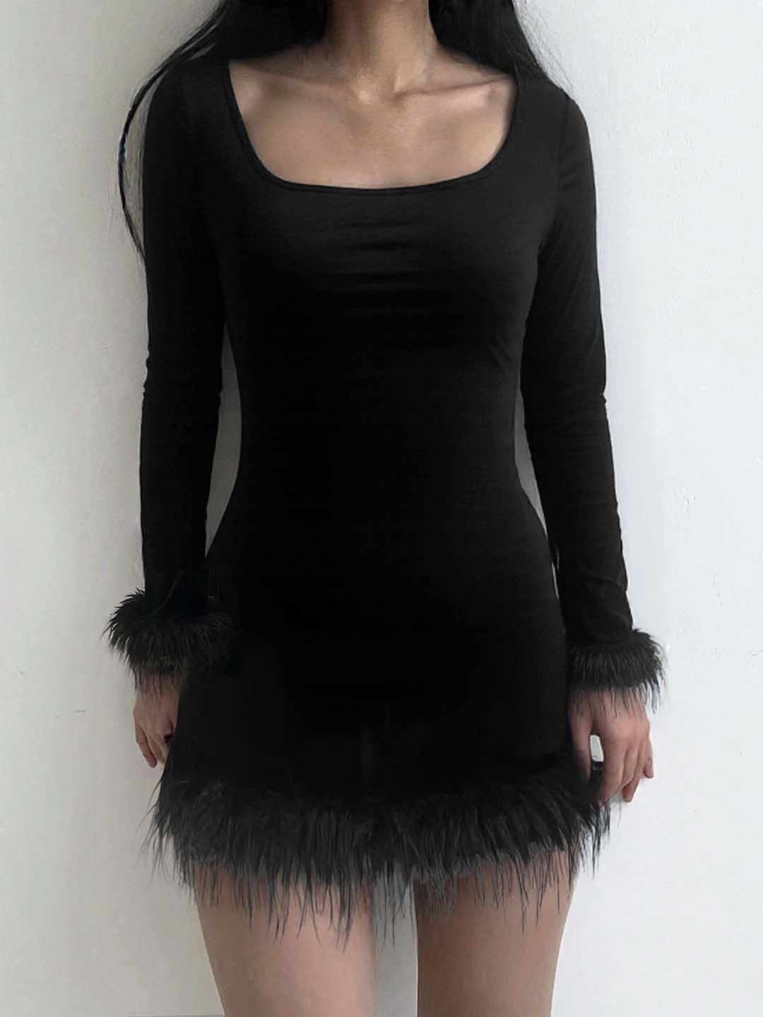 Fringed Bodycon Mini Dress in Black polyester - Nowi Korean Fashion