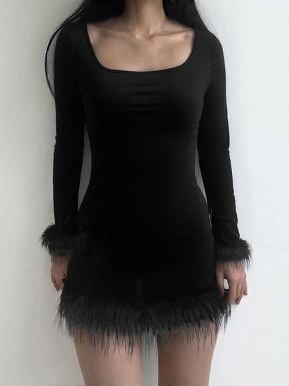 Fringed Bodycon Mini Dress in Black polyester - Nowi Korean Fashion