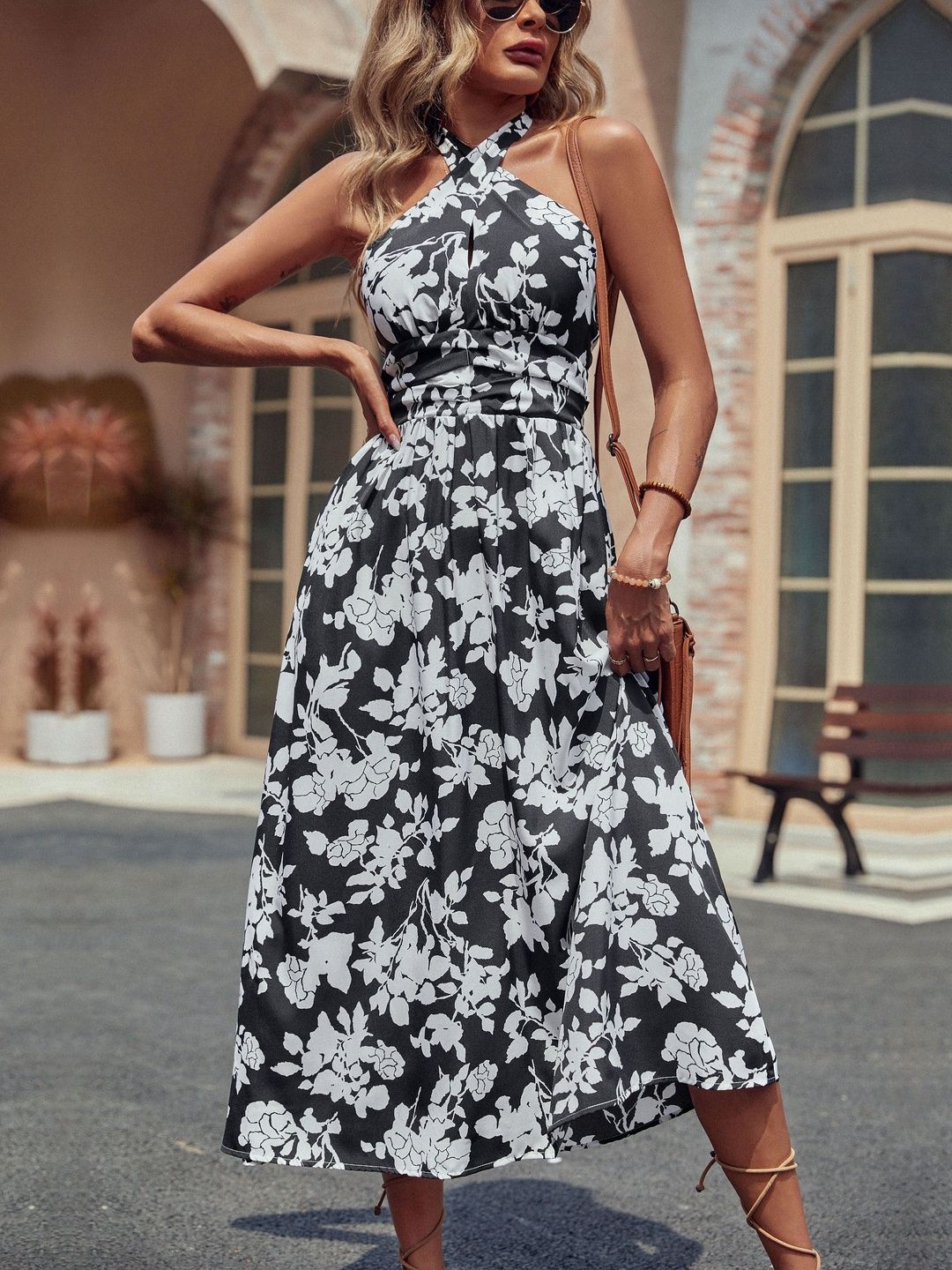 Floral Print Halter Neck Fit & Flare Midi Dress in Black cotton Sleeveless - Nowi Korean Fashion