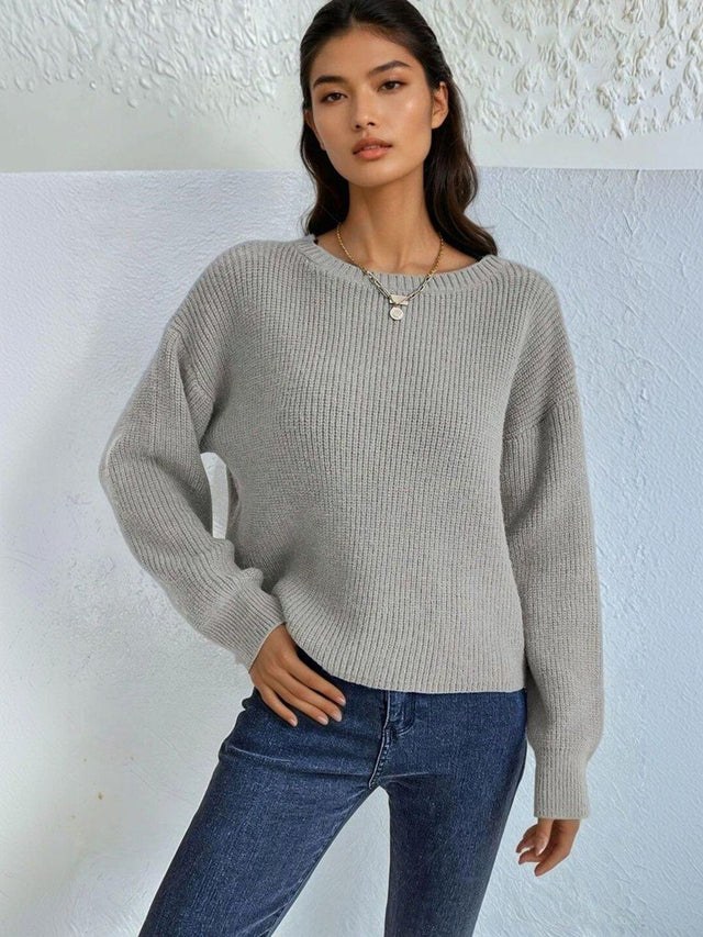 Ribbed Pullover in Grey acrylic Style 372 - Nowi Korean Fashion