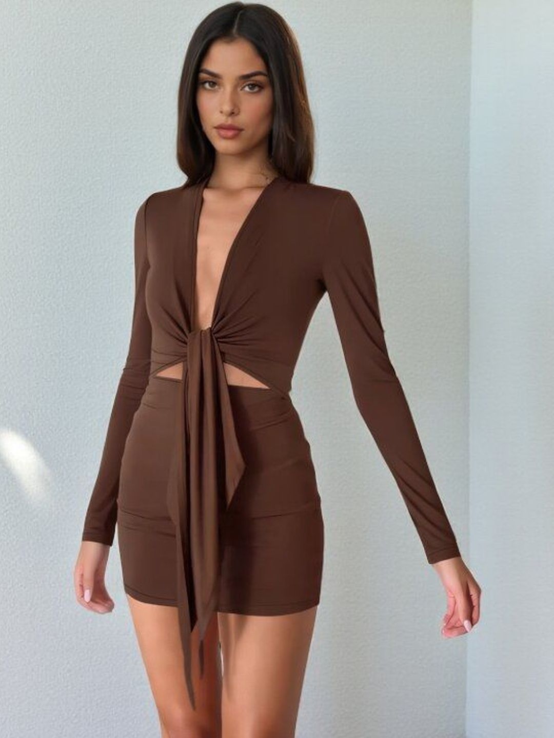 Bodycon Mini Dress in Brown synthetic - Nowi Korean Fashion