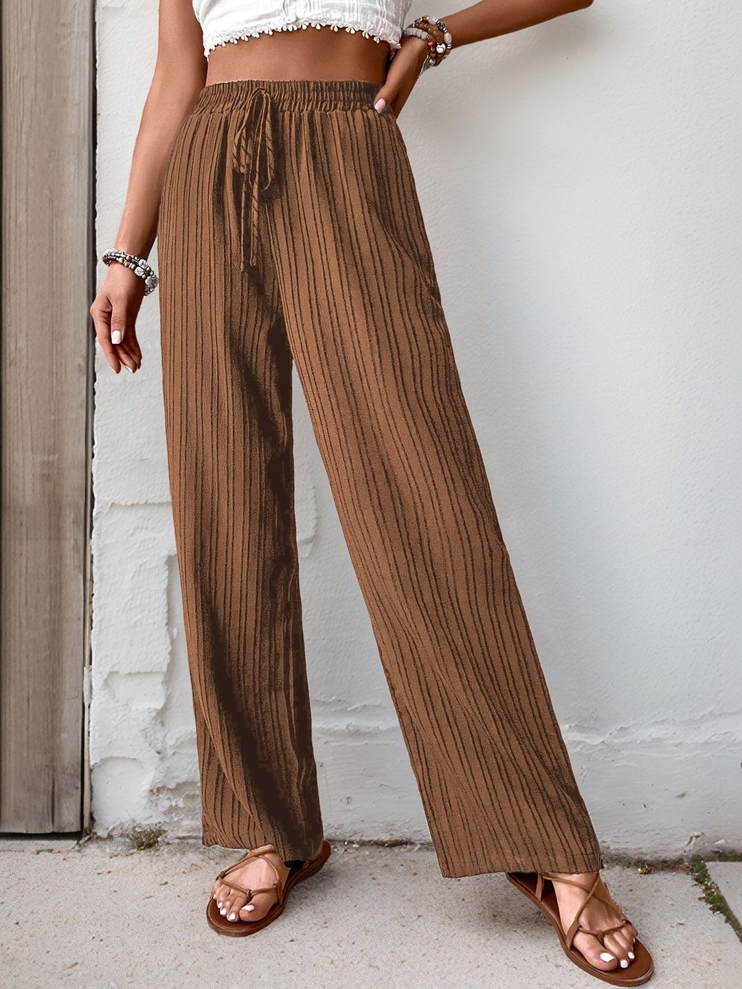 Women Textured Loose Fit High-Rise Non Iron Trousers