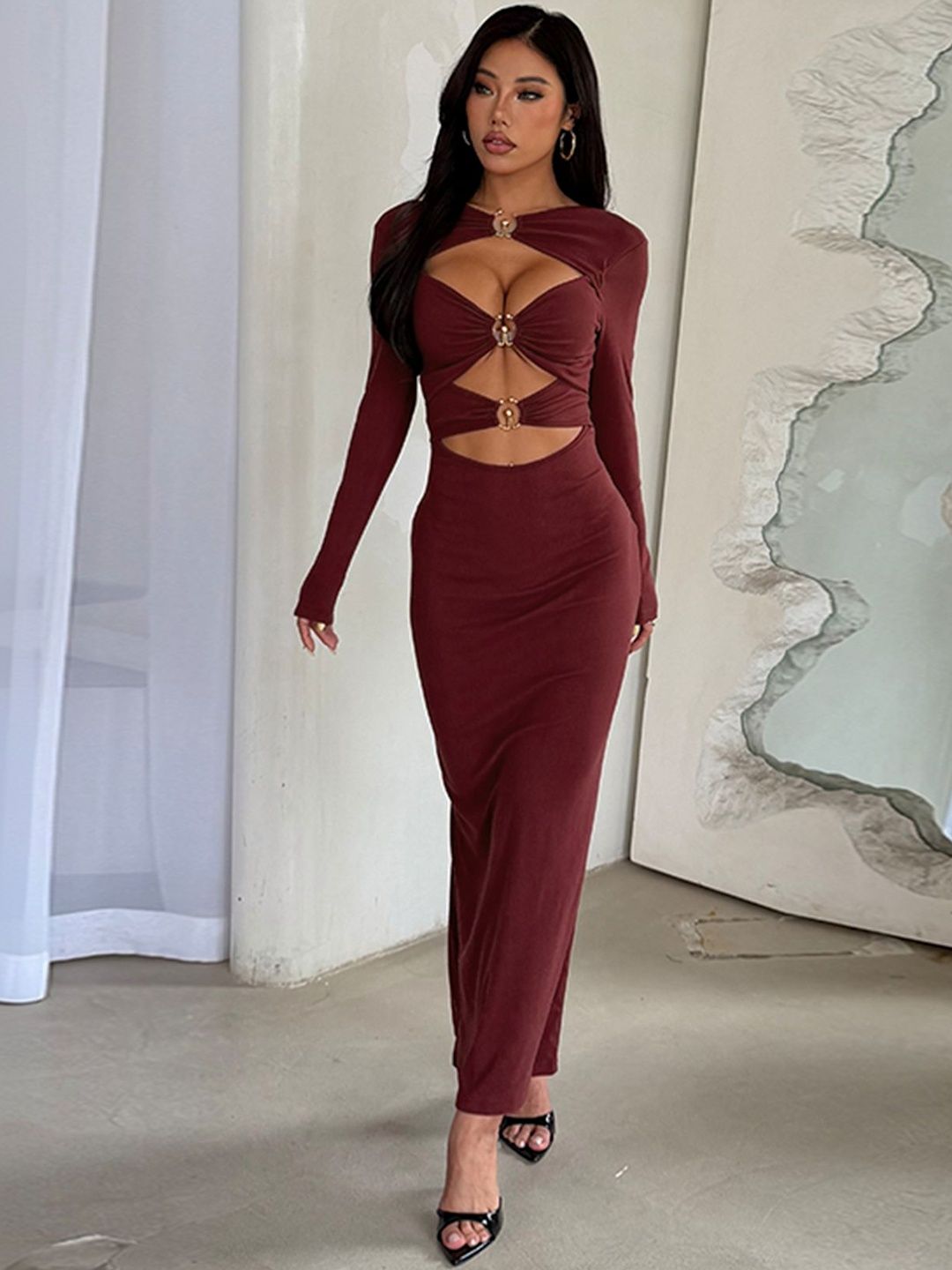 Women's Maroon Bodycon Maxi Dress Blend Printed