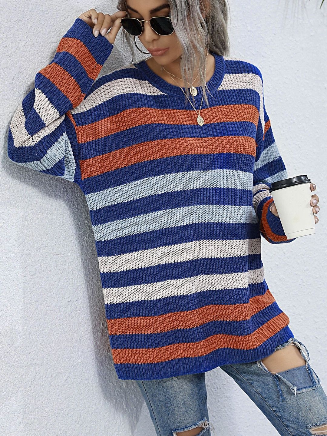 Women's Blue Striped Pullover Blend Regular Fit