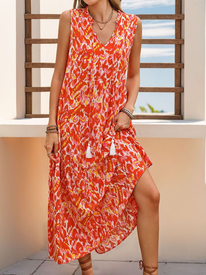 Print A-Line Maxi Dress in Red cotton Printed - Nowi Korean Fashion