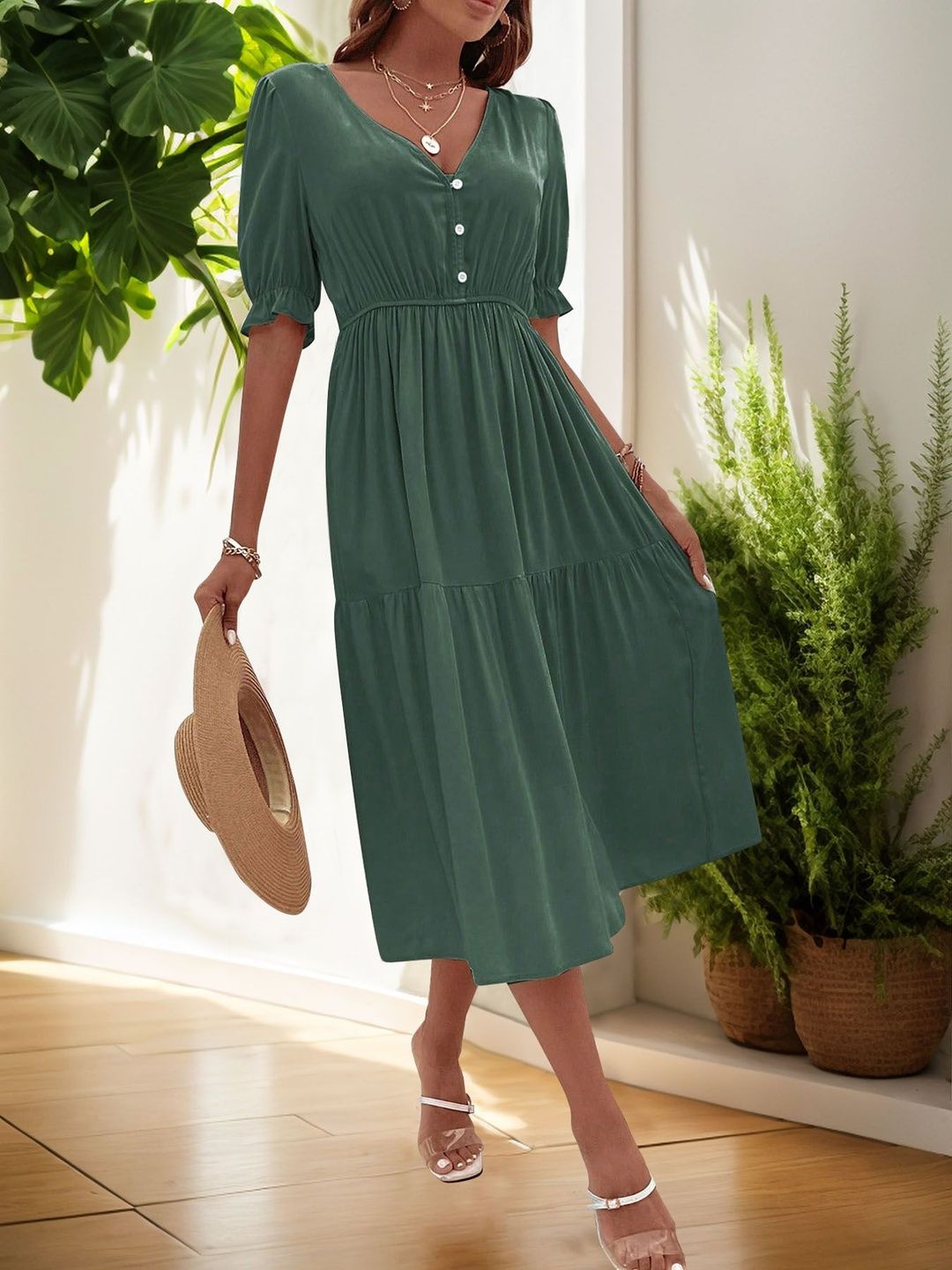 Puff Sleeve Fit & Flare Midi Dress in Green cotton - Nowi Korean Fashion