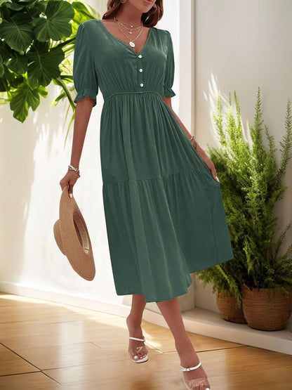 Puff Sleeve Fit & Flare Midi Dress in Green cotton - Nowi Korean Fashion