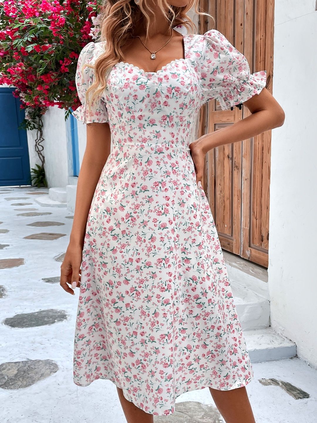 Floral Print Puff Sleeve Ruffled Fit & Flare Midi Dress in White polyester - Nowi Korean Fashion