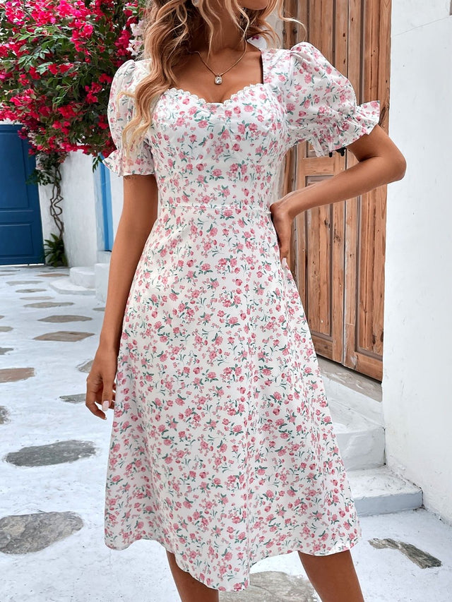 Floral Print Puff Sleeve Ruffled Fit & Flare Midi Dress in White polyester - Nowi Korean Fashion