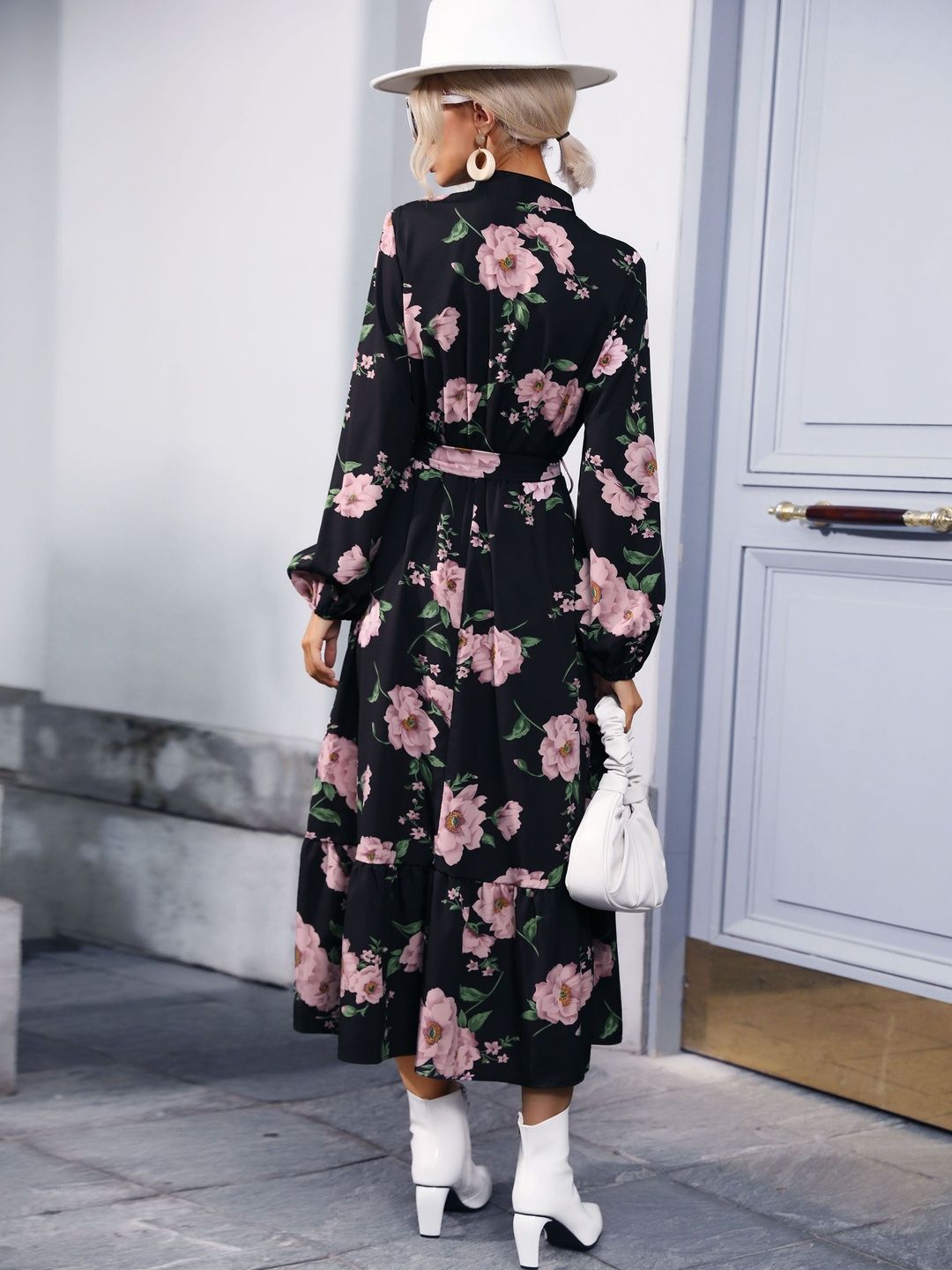 Women's Black Floral Print Bishop Sleeve Maxi Midi Dress