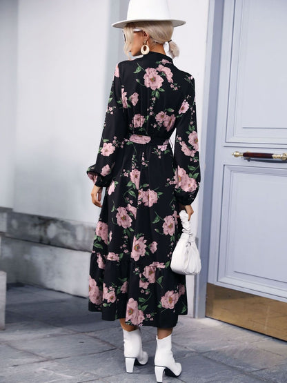 Women's Black Floral Print Bishop Sleeve Maxi Midi Dress