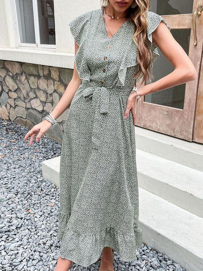 Floral Print Flutter Sleeve Ruffled A-Line Midi Dress