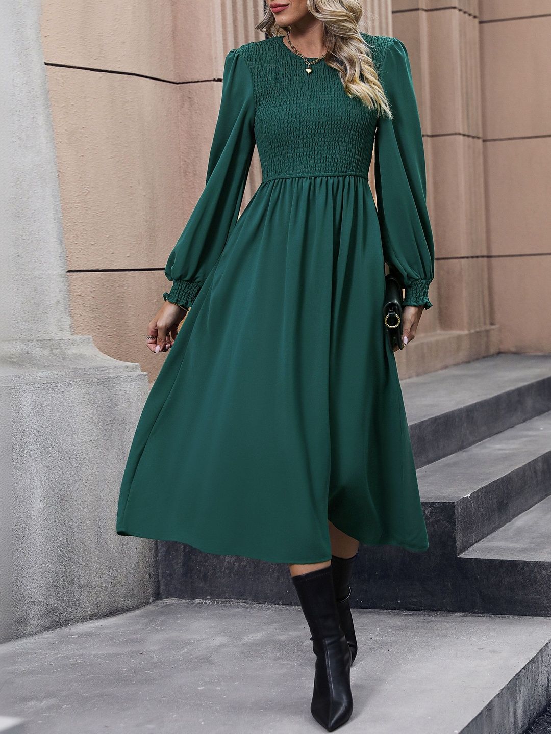 Women's Green Puff Sleeve A-Line Midi Dress Blend Printed
