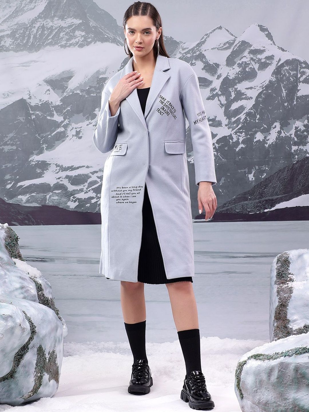 Nowi Typography Printed Single Breasted Coat