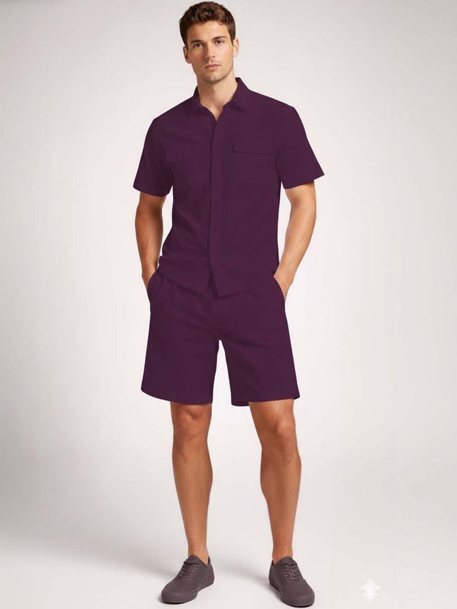 Solid Shirt with Shorts in Purple - Nowi Korean Fashion