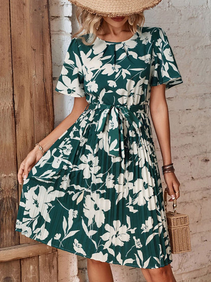 Floral Print Flared Sleeve Fit & Flare Dress