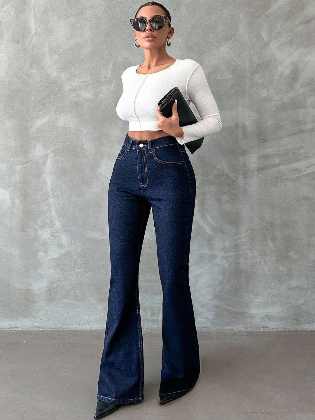 Bootcut High-Rise Stretchable Jeans in Navy Cotton - Nowi Korean Fashion