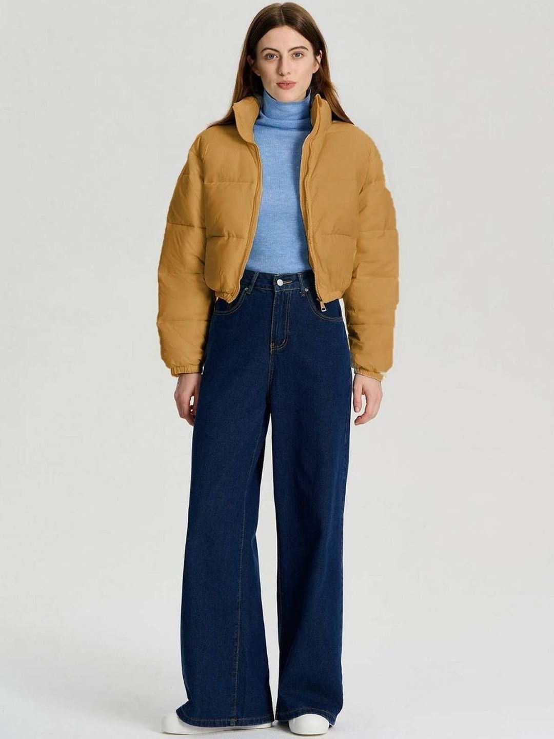 Lightweight Crop Puffer Jacket in Yellow; brown polyester - Nowi Korean Fashion